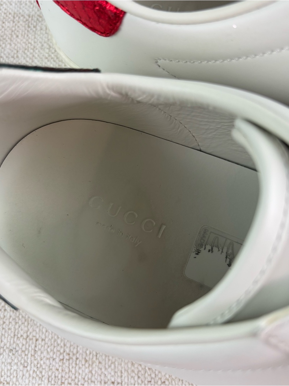 Gucci White Leather Sneakers with Red and Green Stripe and Red Heel - Picture 6 of 16